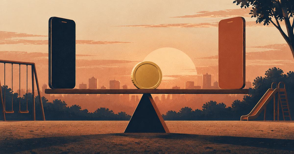 Deux téléphones aux extrémités d'une bascule, une pièce d'or en équilibre au centre