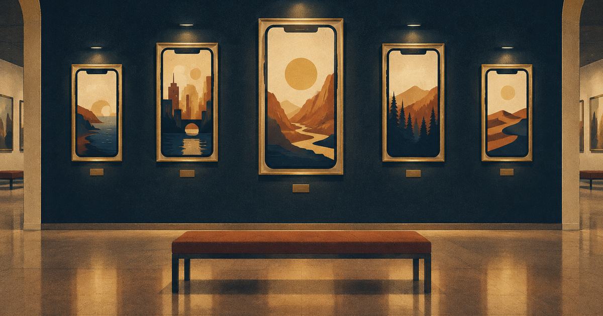 A gallery wall with a few glowing phone frames hung like paintings
