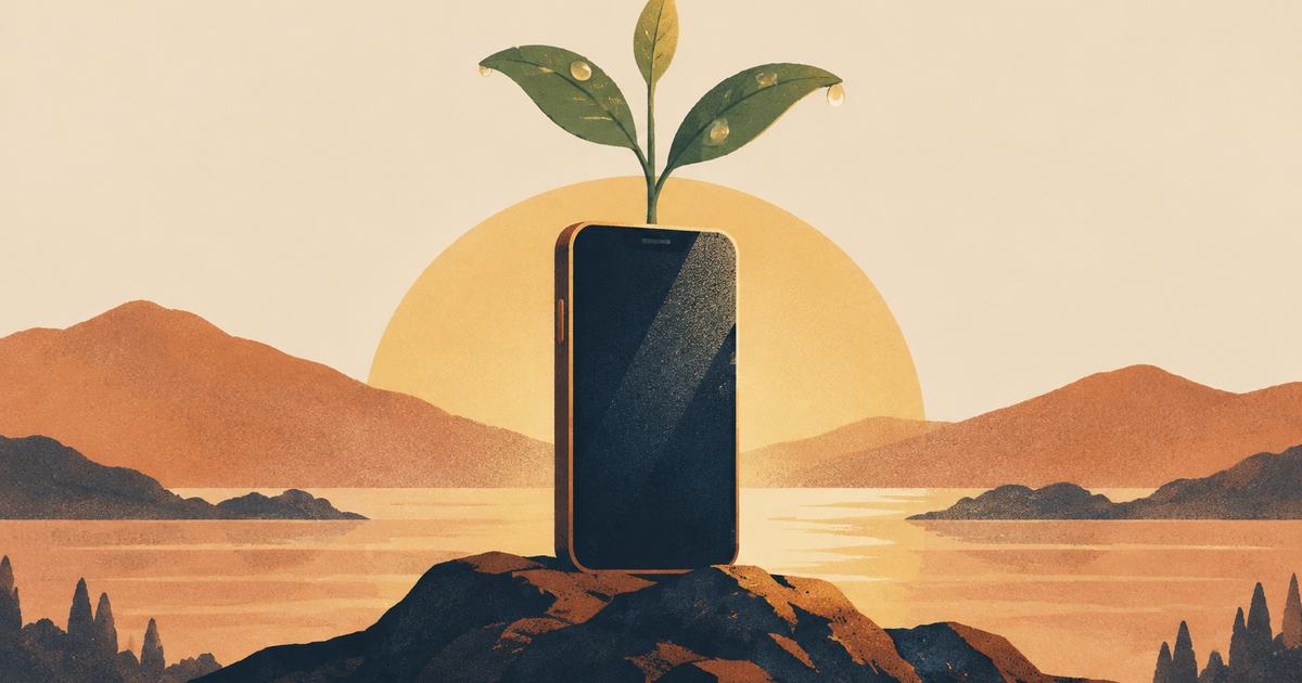 A small green sprout growing out of an upright phone