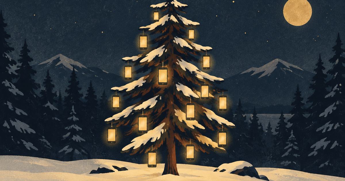 A pine tree with small glowing phone screens in place of needles