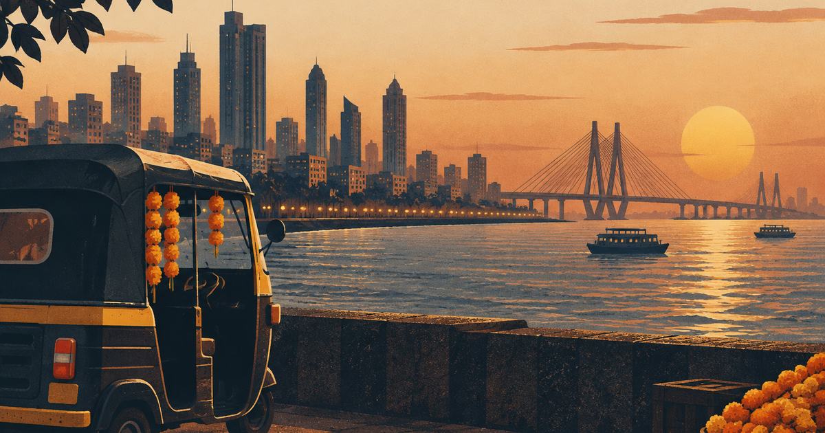 A Mumbai-style skyline at dusk with an auto-rickshaw and marigold garlands