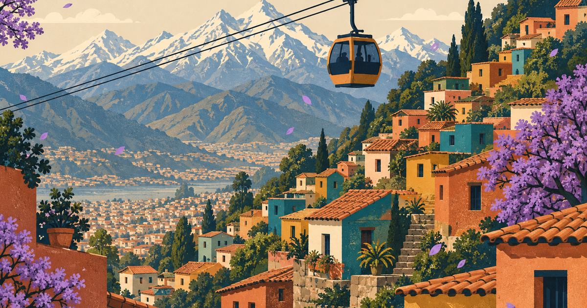 A hillside town of brightly painted houses with a cable car and the Andes behind