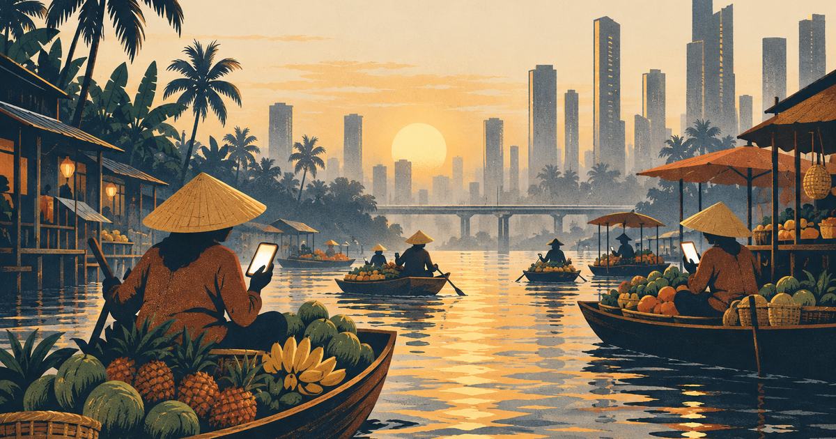 A floating river market at dawn with high-rise towers in the mist