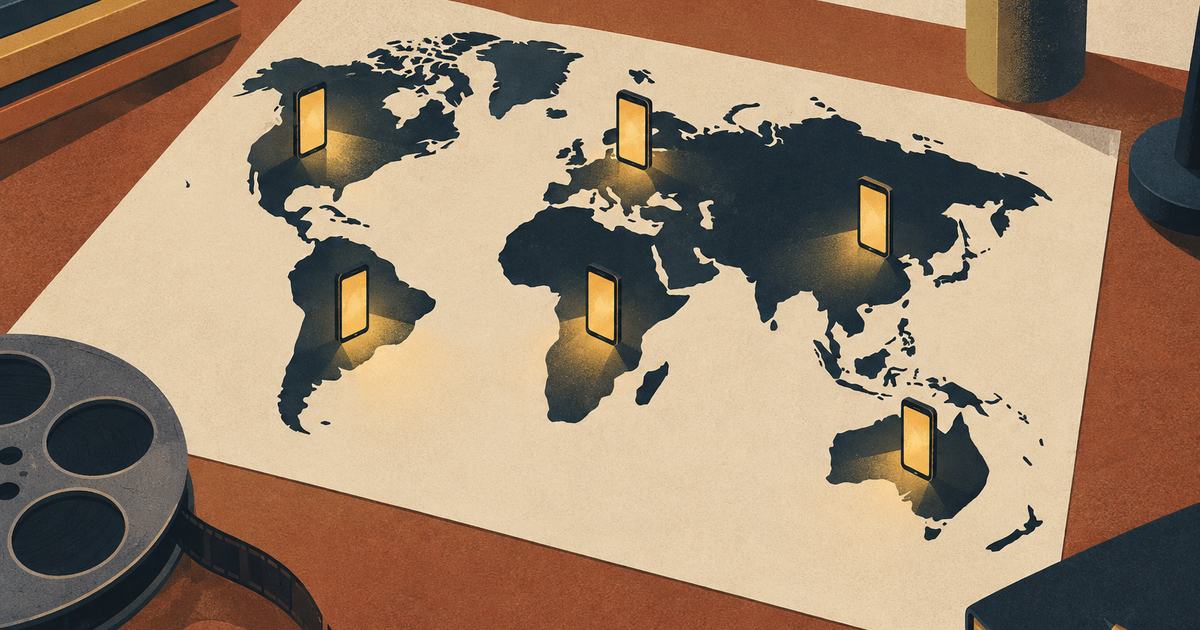A paper-cut world map with small upright phones planted on several continents