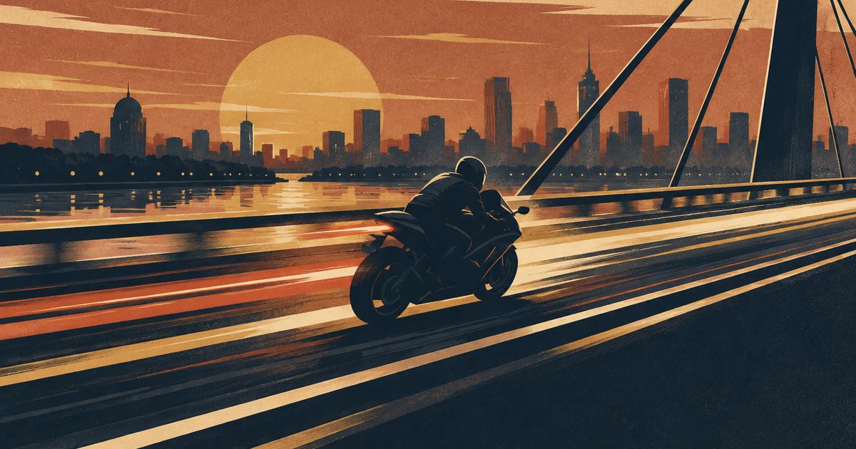 A motorcycle speeding across a bridge at dusk with streaks of light
