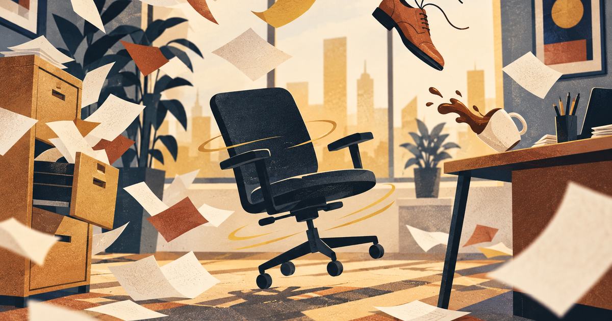 An office in chaos with flying papers, a shoe in mid-air and a spinning chair