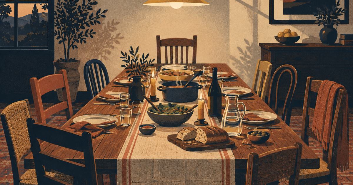 A long family table under a warm lamp with one empty chair pulled back