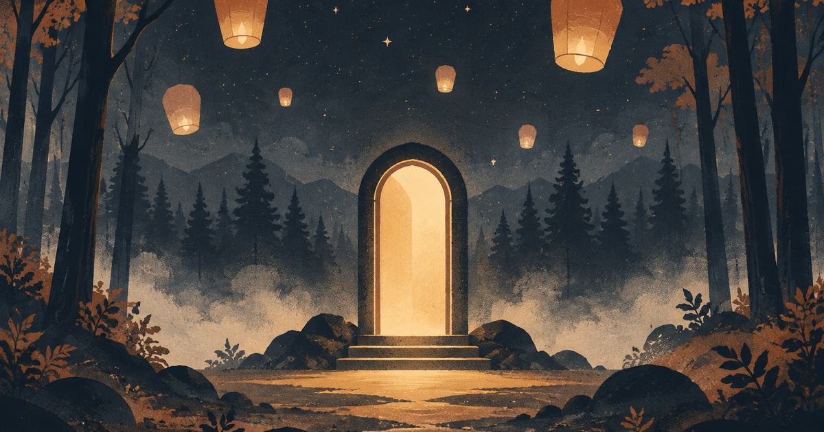 A glowing door in a misty forest clearing with floating lanterns