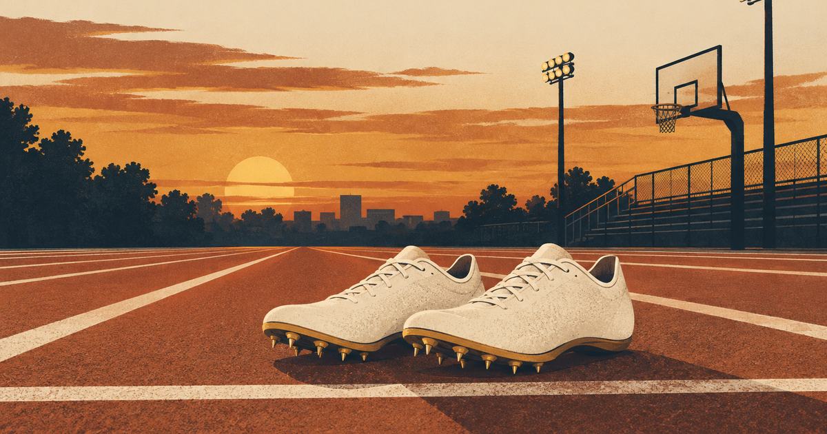 Sprinting shoes on a starting line at dusk with a basketball hoop behind