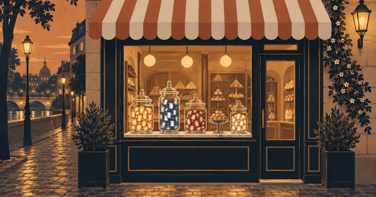 Une vitrine de confiseur avec des bocaux de bonbons en forme de petits écrans de téléphone lumineux