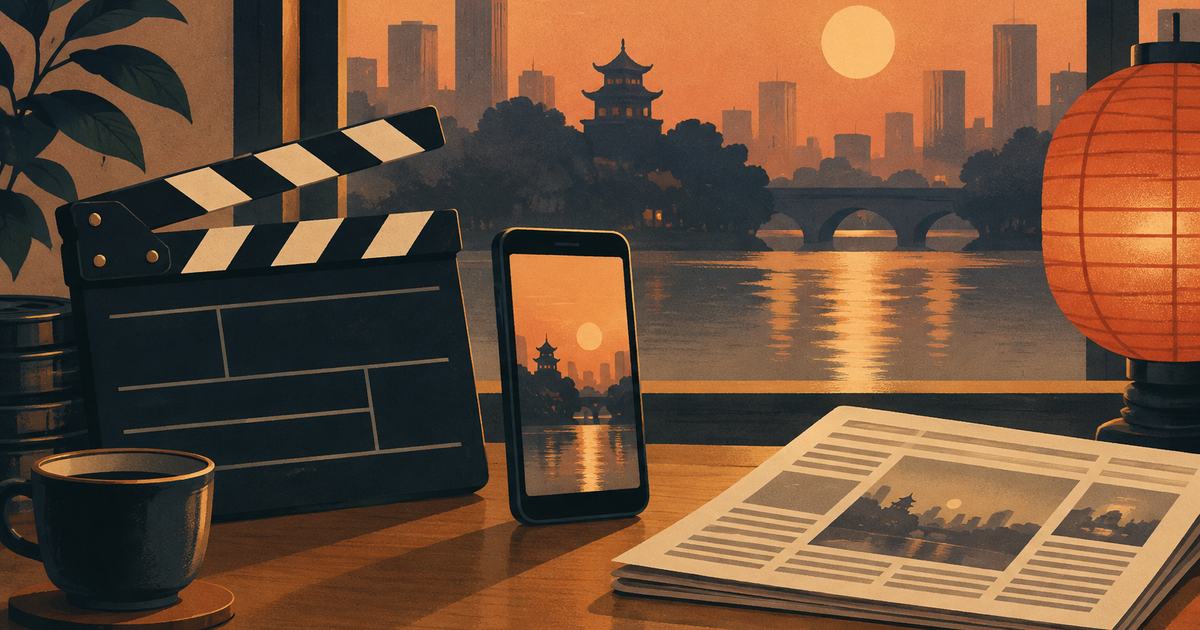 A film clapper and a phone beside a folded newspaper and a red paper lantern