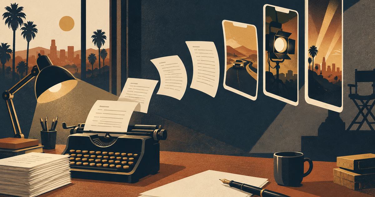 A writer's desk, script pages fanning out into tall vertical phone frames