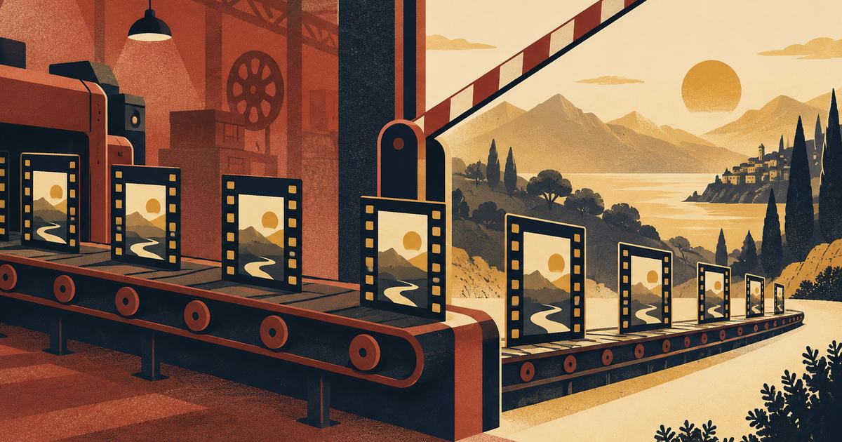 Une chaîne d'usine dont les cadres verticaux passent sous une barrière de frontière