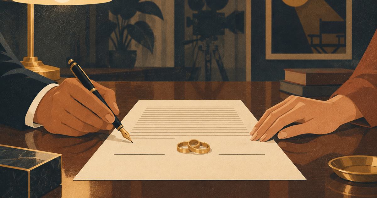 Two hands about to sign a contract on a desk, two gold rings lying on the paper