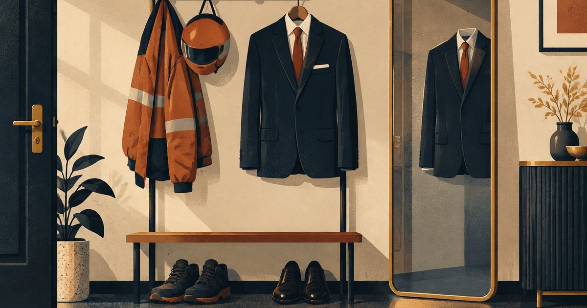 A courier jacket and helmet beside a tailored suit, a mirror reflecting only the suit