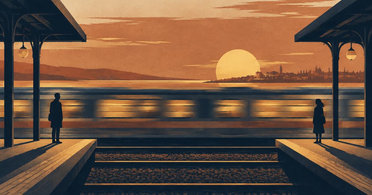 Deux silhouettes sur des quais opposés pendant qu'un train passe entre elles