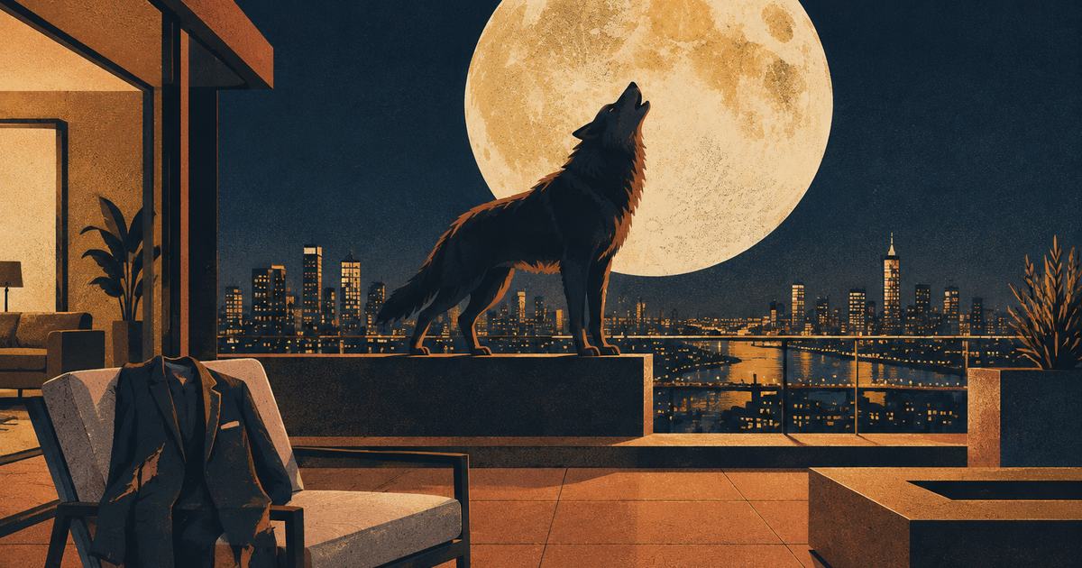A wolf howling on a penthouse terrace under a full moon, a torn jacket on a chair